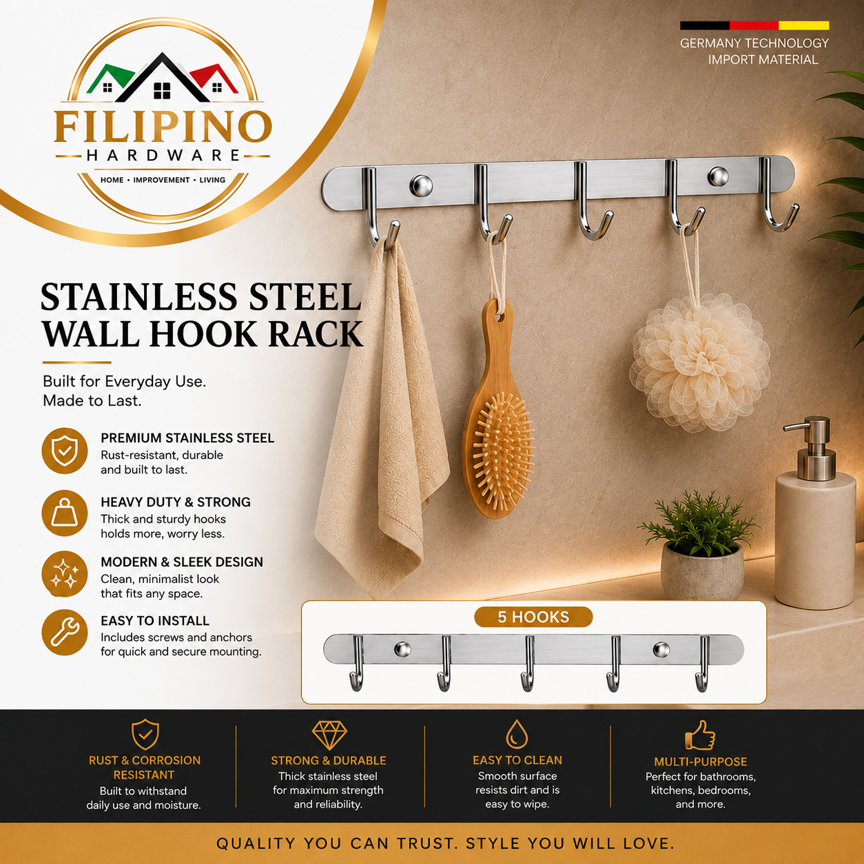 YC-601 | SUS304 Stainless Towel Holder 5 Hooks