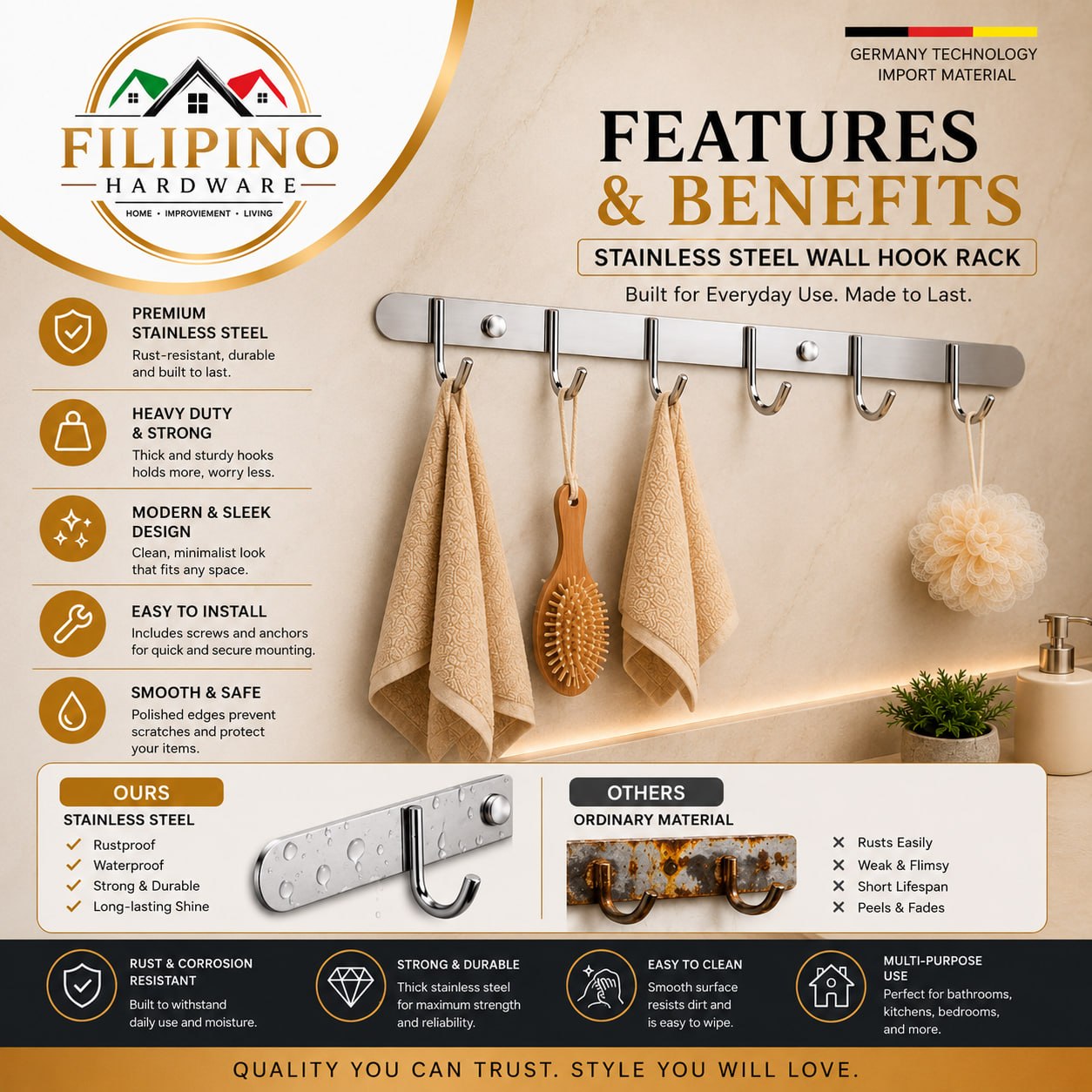 YC-602 | SUS304 Stainless Towel Holder 6 Hooks