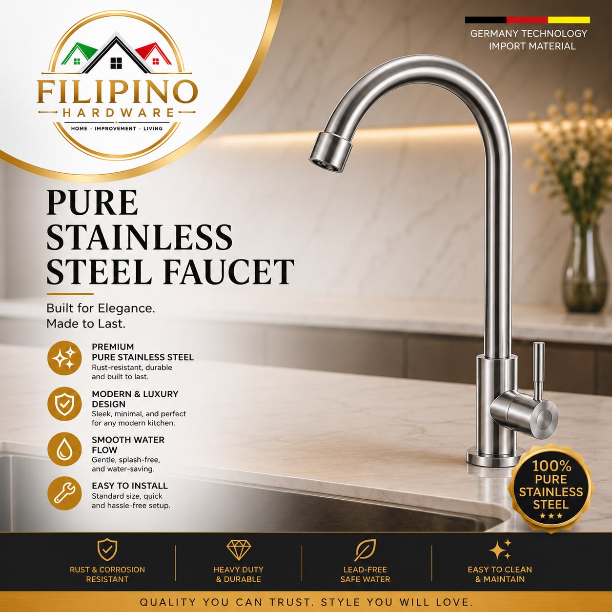 YC-301 | Pure 304 Stainless Steel Kitchen Faucet