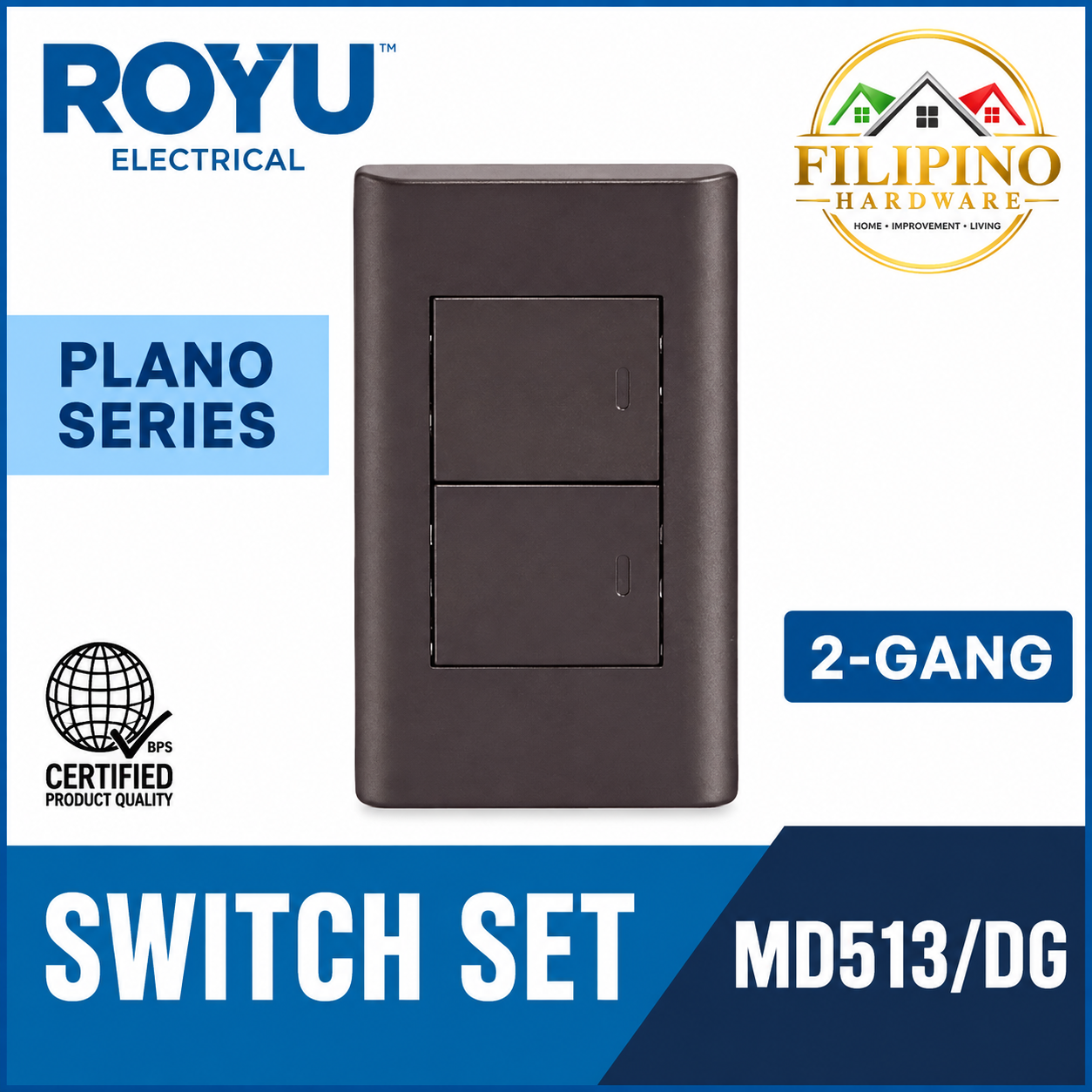 2 Gang ROYU Switch Plano Series Dark Gray
