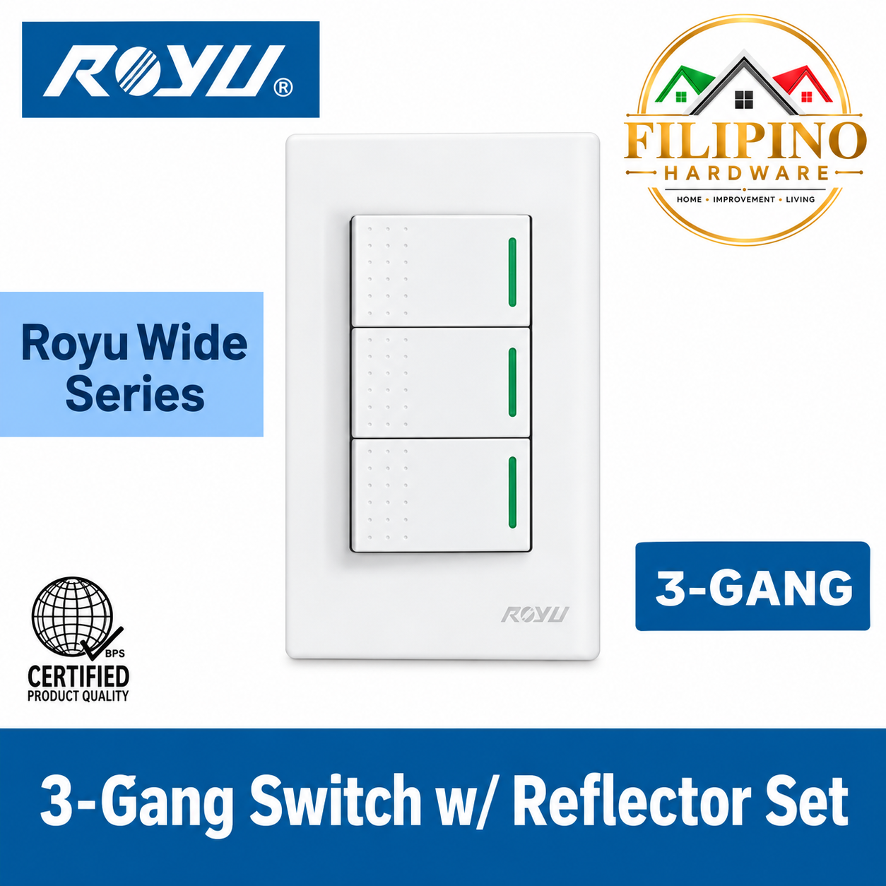 3 Gang ROYU Switch with Reflector Wide Series
