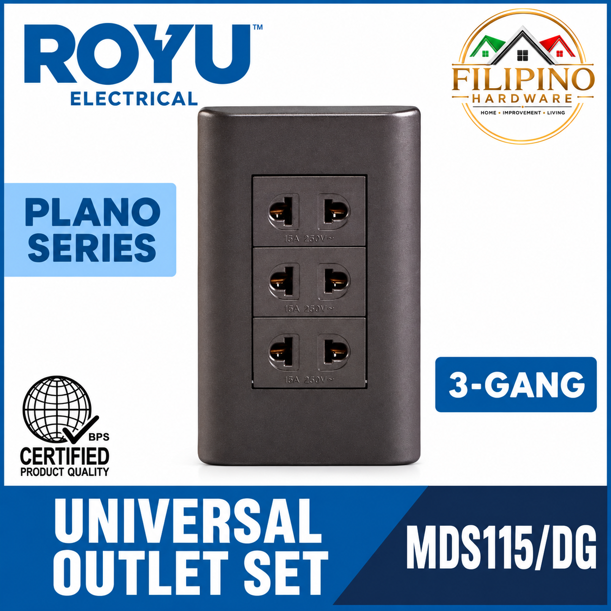 3 Gang ROYU Plano Series Universal Outlet Dark Gray