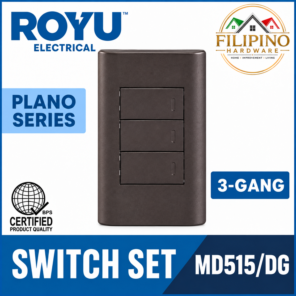 3 Gang ROYU Switch Plano Series Dark Gray