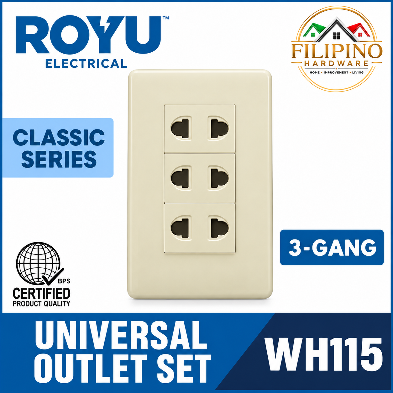 ROYU 3 Gang Universal Outlet Classic Series