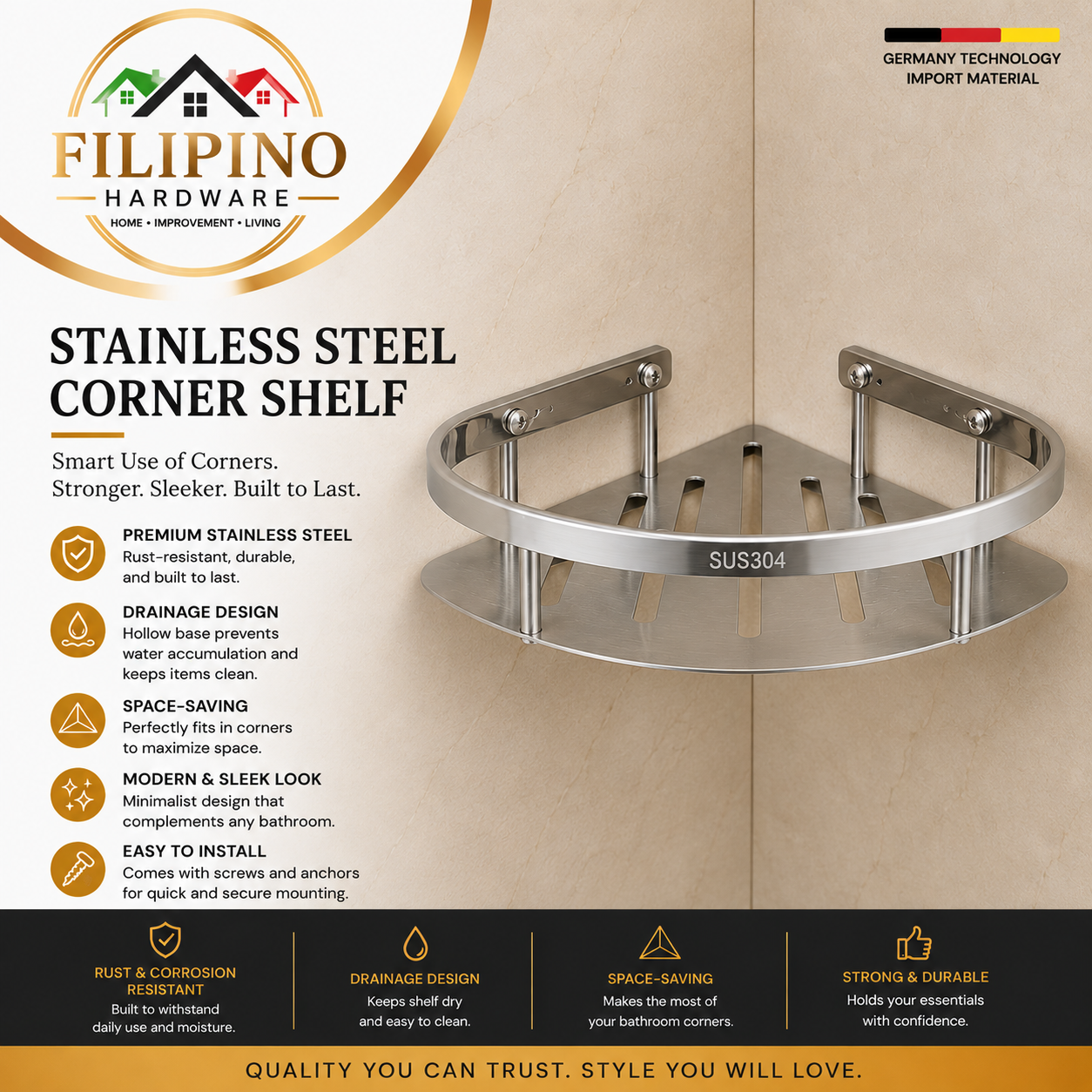 YC-606 | SUS304 STAINLESS BATHROOM CORNER BASKET