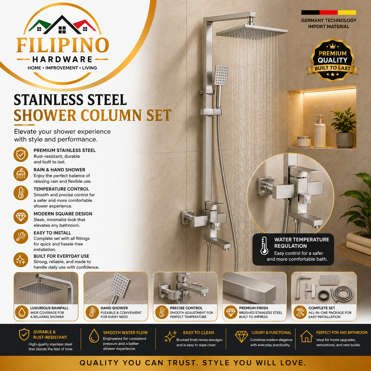 YC-501 | Pure 304 Stainless Steel Rain Shower System Set