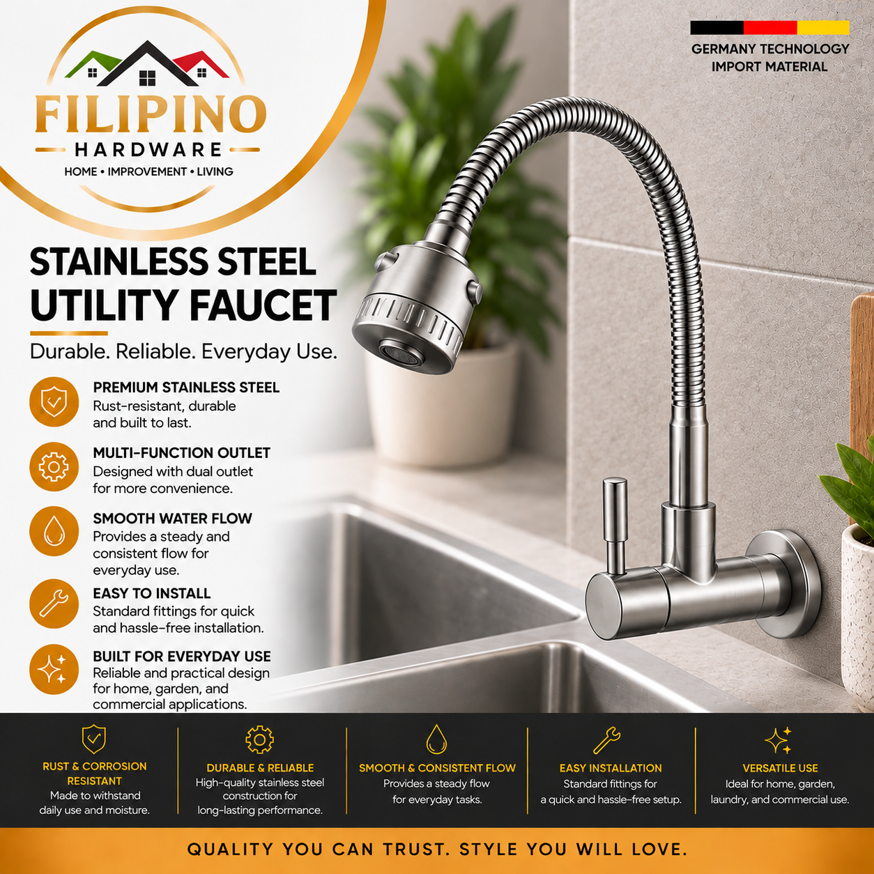 YC304 | Stainless Steel Wall Mounted Kitchen Faucet Flexible Gooseneck Spout Single Handle Sink Tap