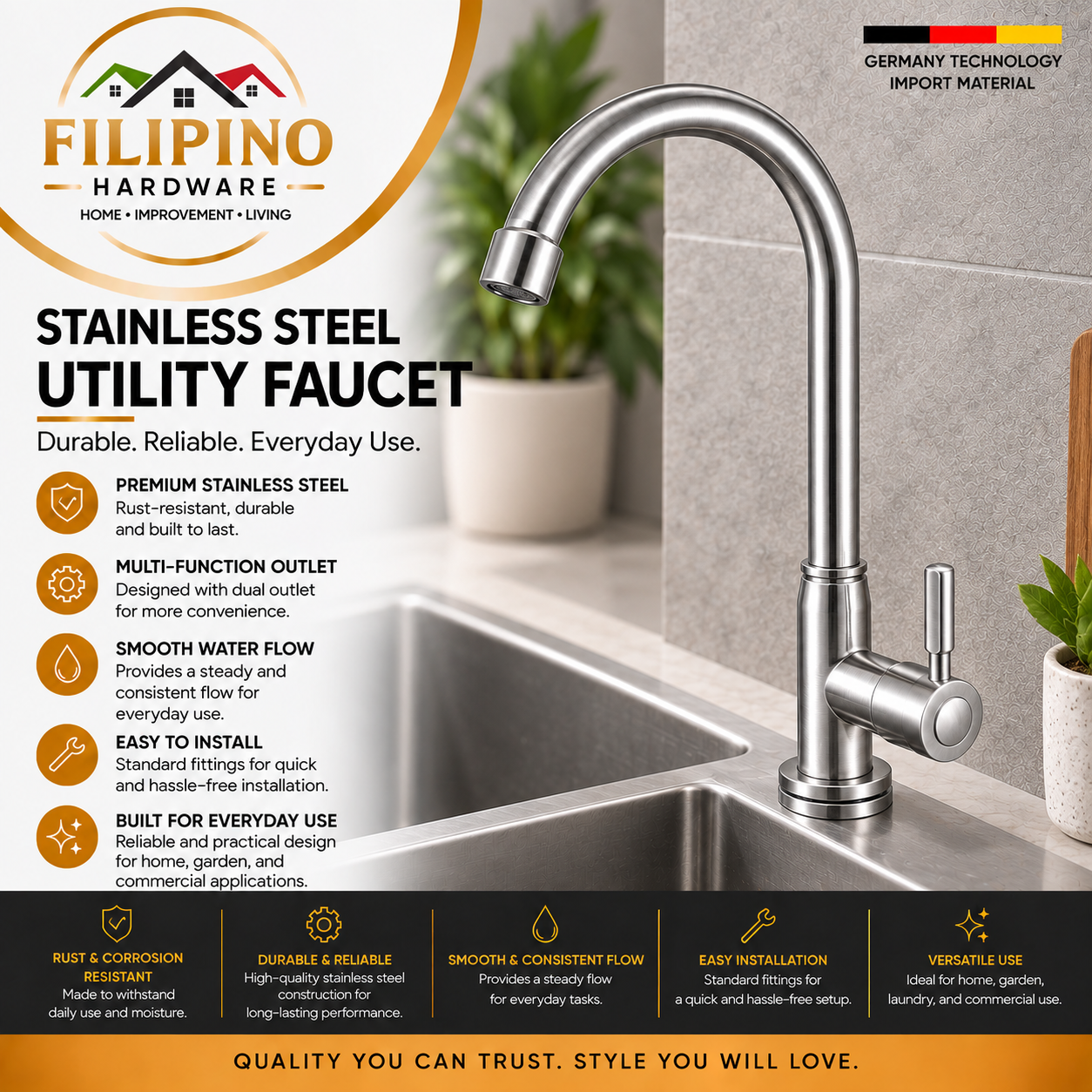 YC302 | Stainless Steel Kitchen Faucet Single Handle Gooseneck Sink Mixer Tap Brushed Finish Modern Faucet