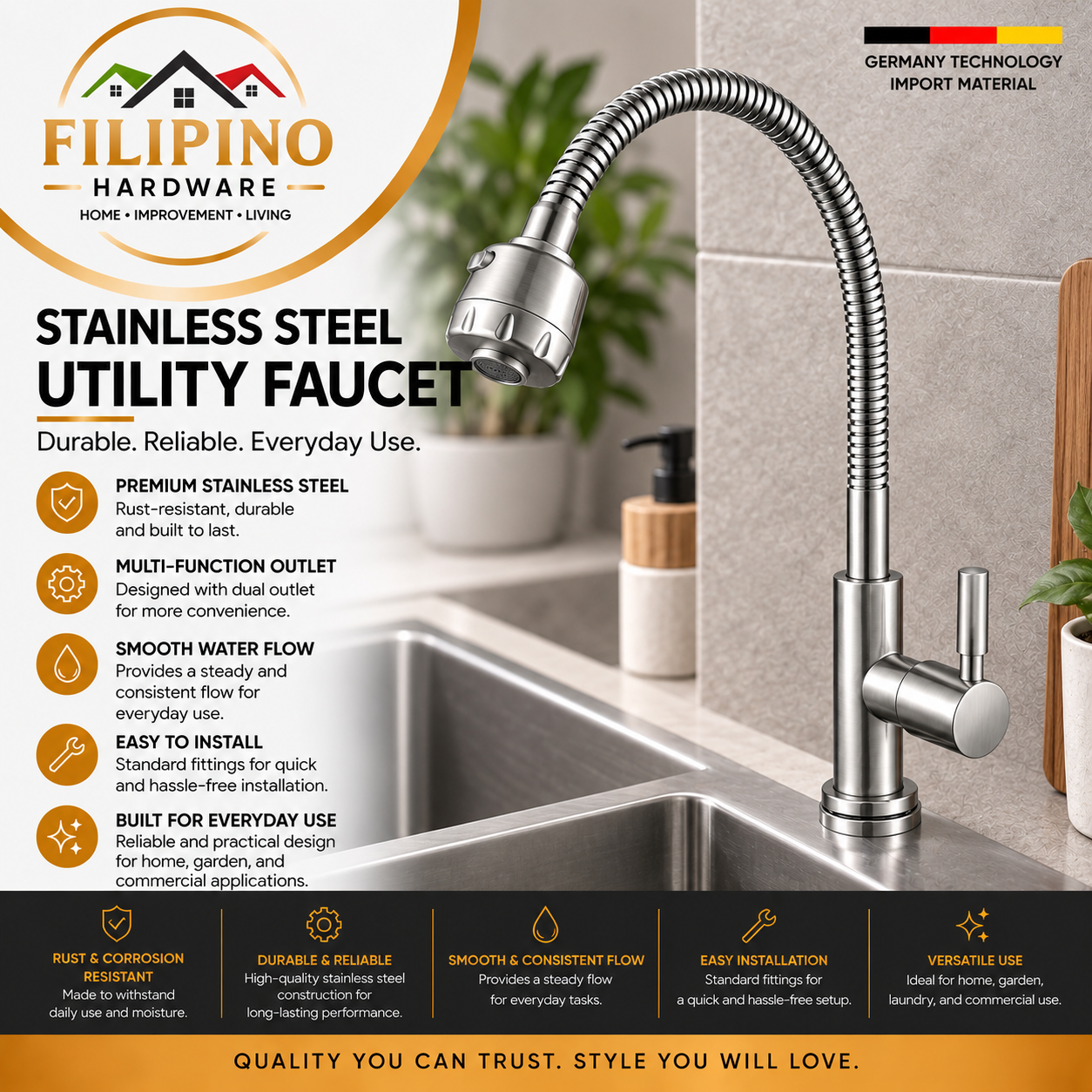YC303 | Stainless Steel Kitchen Faucet Flexible Gooseneck Spring Spout Single Handle Sink Mixer Tap