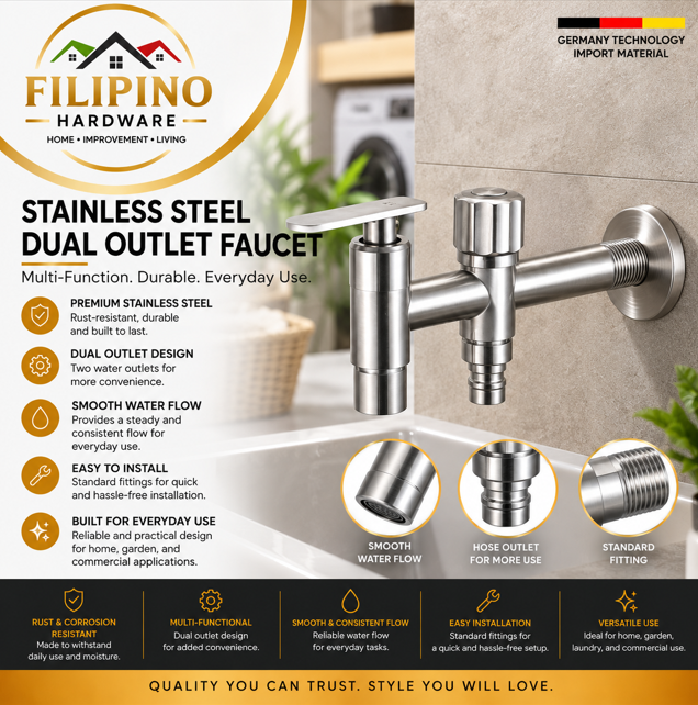 YC109 | 304 Stainless Steel Two Way Faucet Wall Mounted Dual Outlet Water Tap Bibcock Kitchen Bathroom