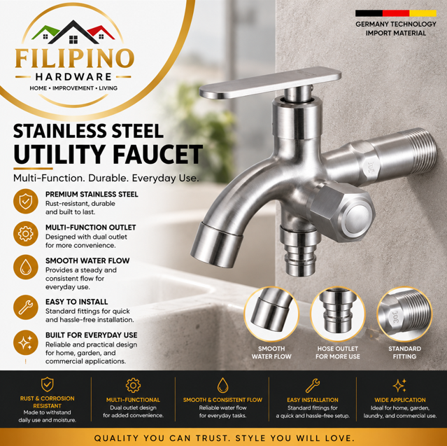 YC108 | SUS304 Stainless Steel 2-Way Faucet Wall Mounted Dual Water Tap Hose Bibb Kitchen Bathroom Water