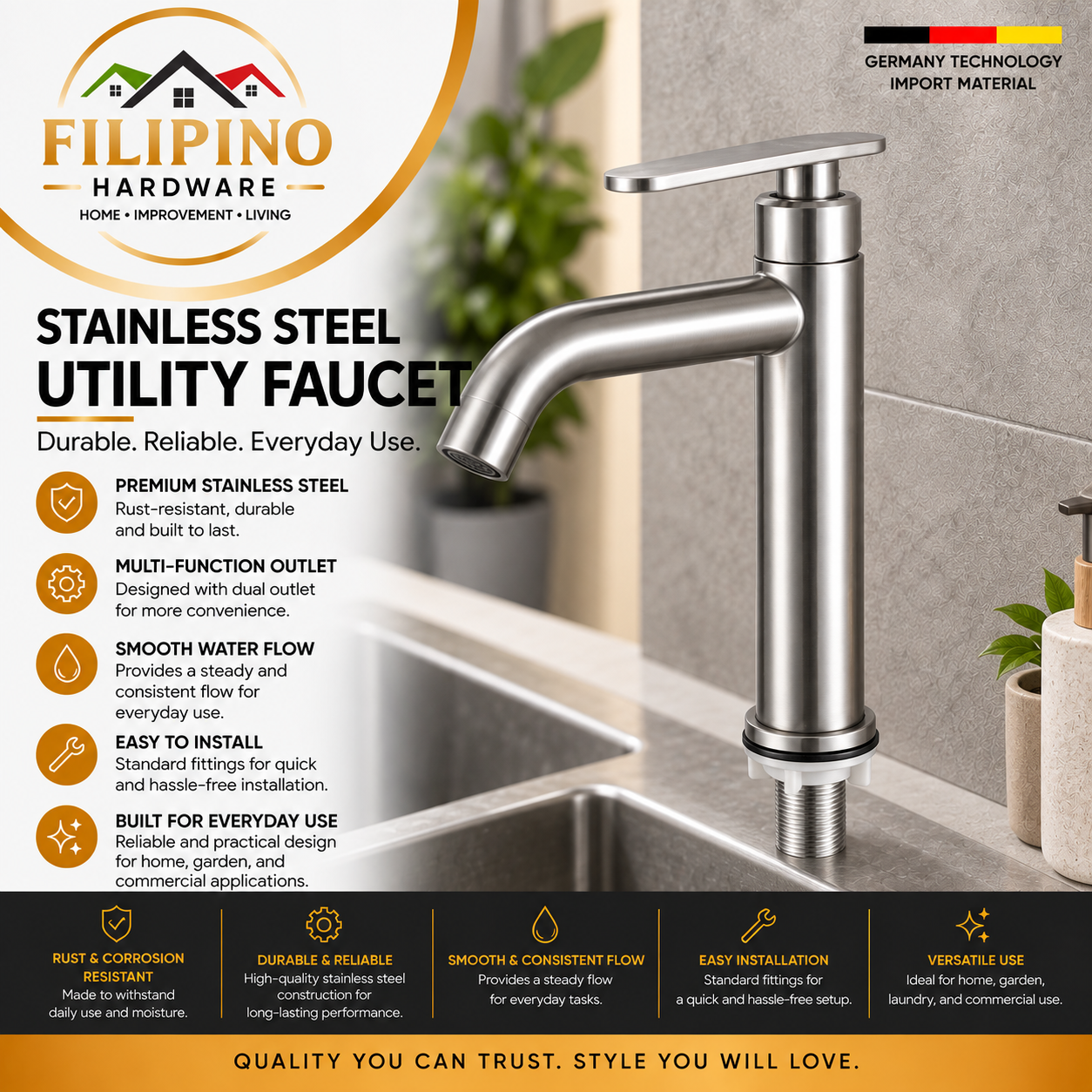 YC210 | Stainless Steel Basin Faucet Bathroom Sink Tap Brushed Finish Modern Curved Spout Water