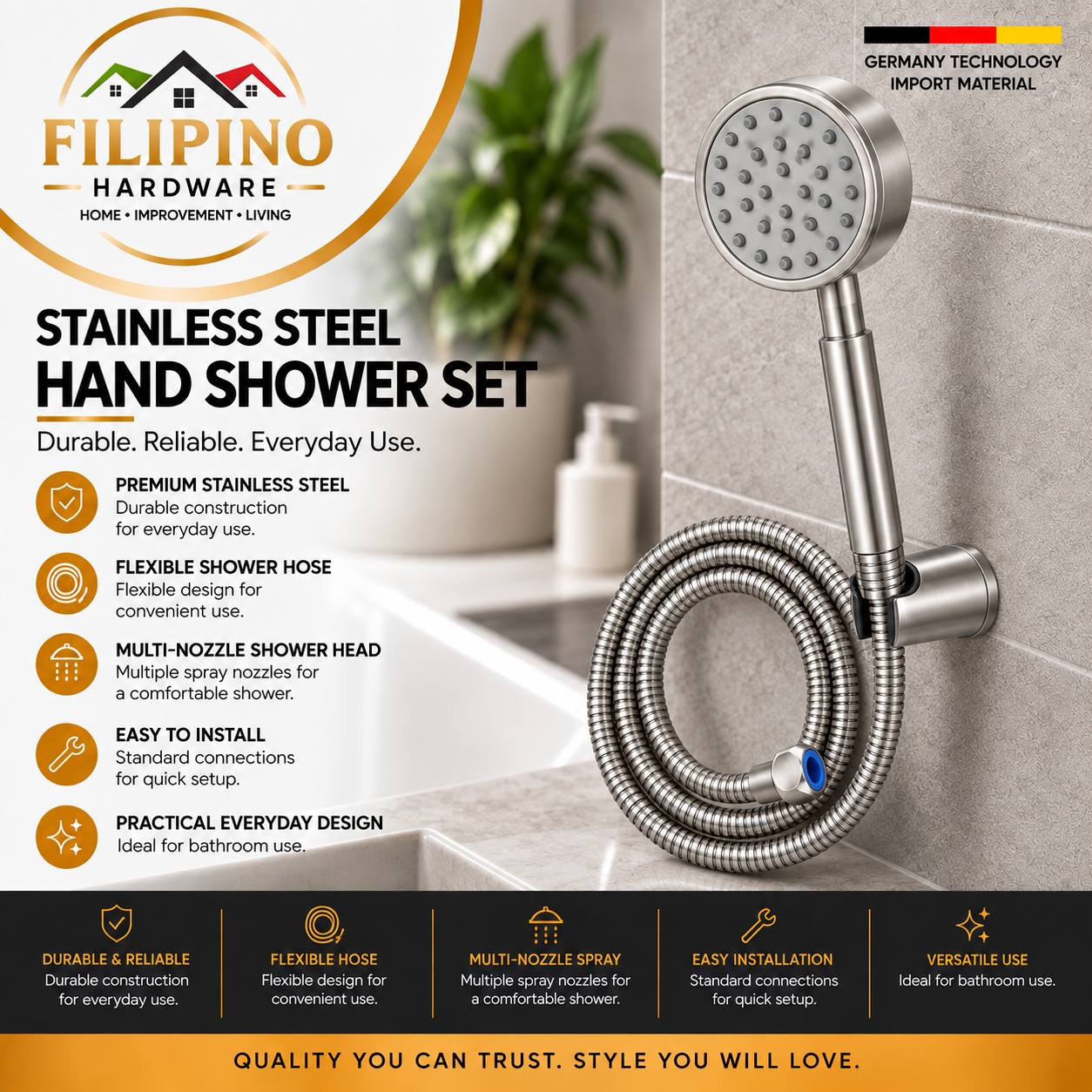 401 | Stainless Steel Handheld Shower Head Set with Flexible Hose Wall Mount Holder Bathroom Shower
