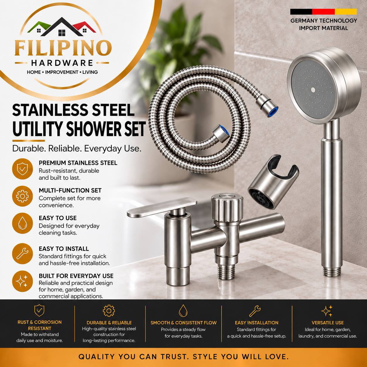403 | Stainless Steel Handheld Shower Set with Flexible Hose Wall Holder Diverter Valve Bathroom