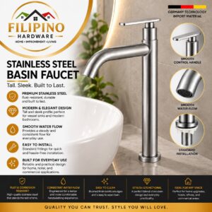 YC-202 | SUS304 Stainless Steel Tall Basin Faucet Single Handle Long Spout Bathroom Sink Lavatory Water Tap