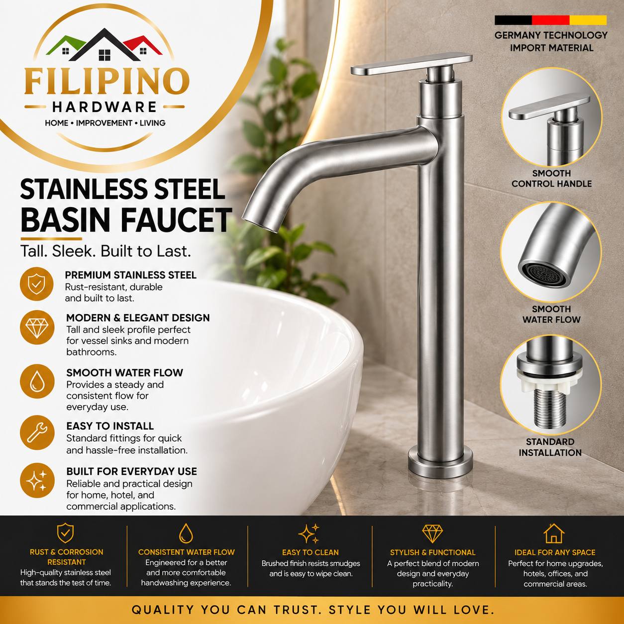 YC-202 | SUS304 Stainless Steel Tall Basin Faucet Single Handle Long Spout Bathroom Sink Lavatory Water Tap