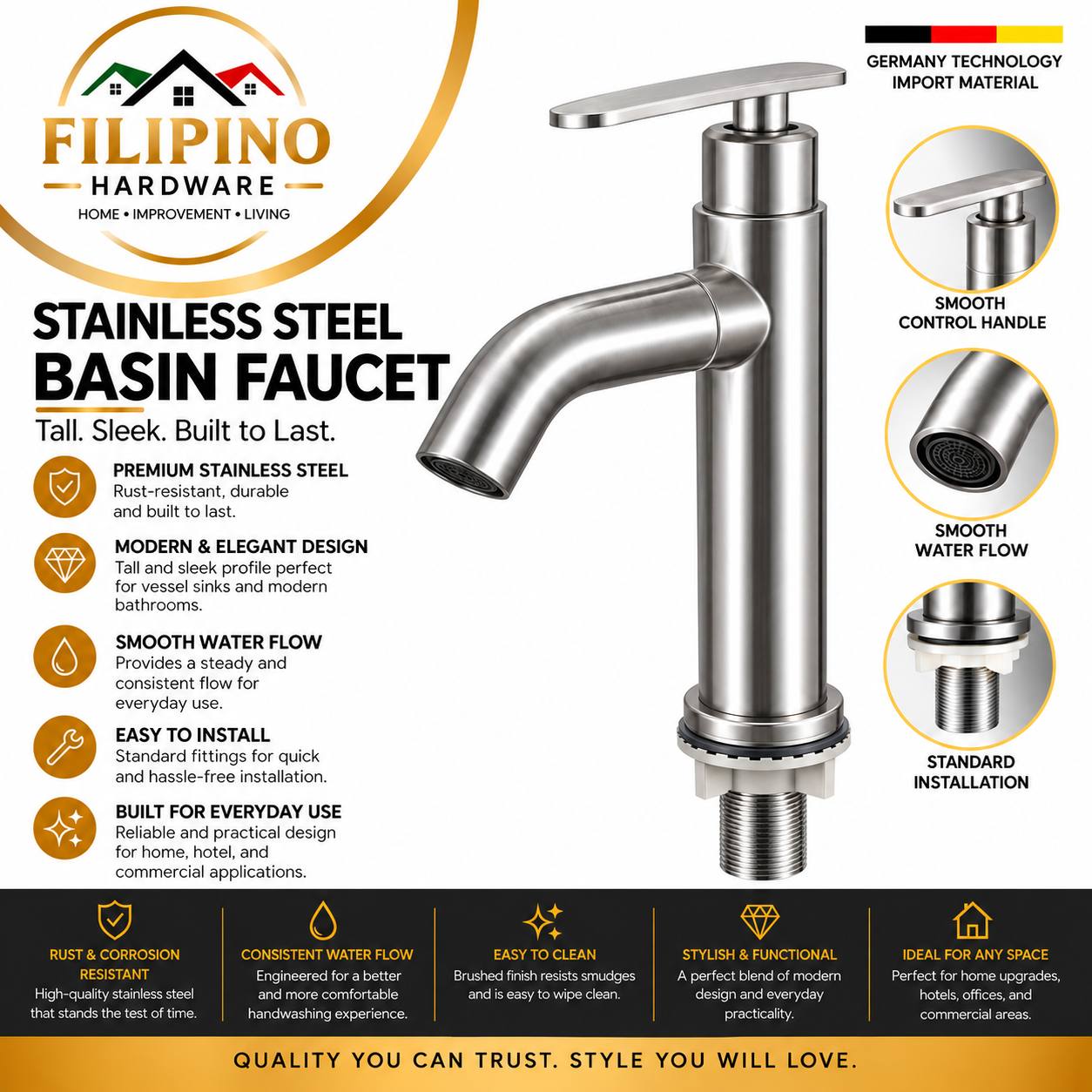 YC212 | 304 Stainless Steel Tall Basin Faucet Bathroom Lavatory Sink Long Spout