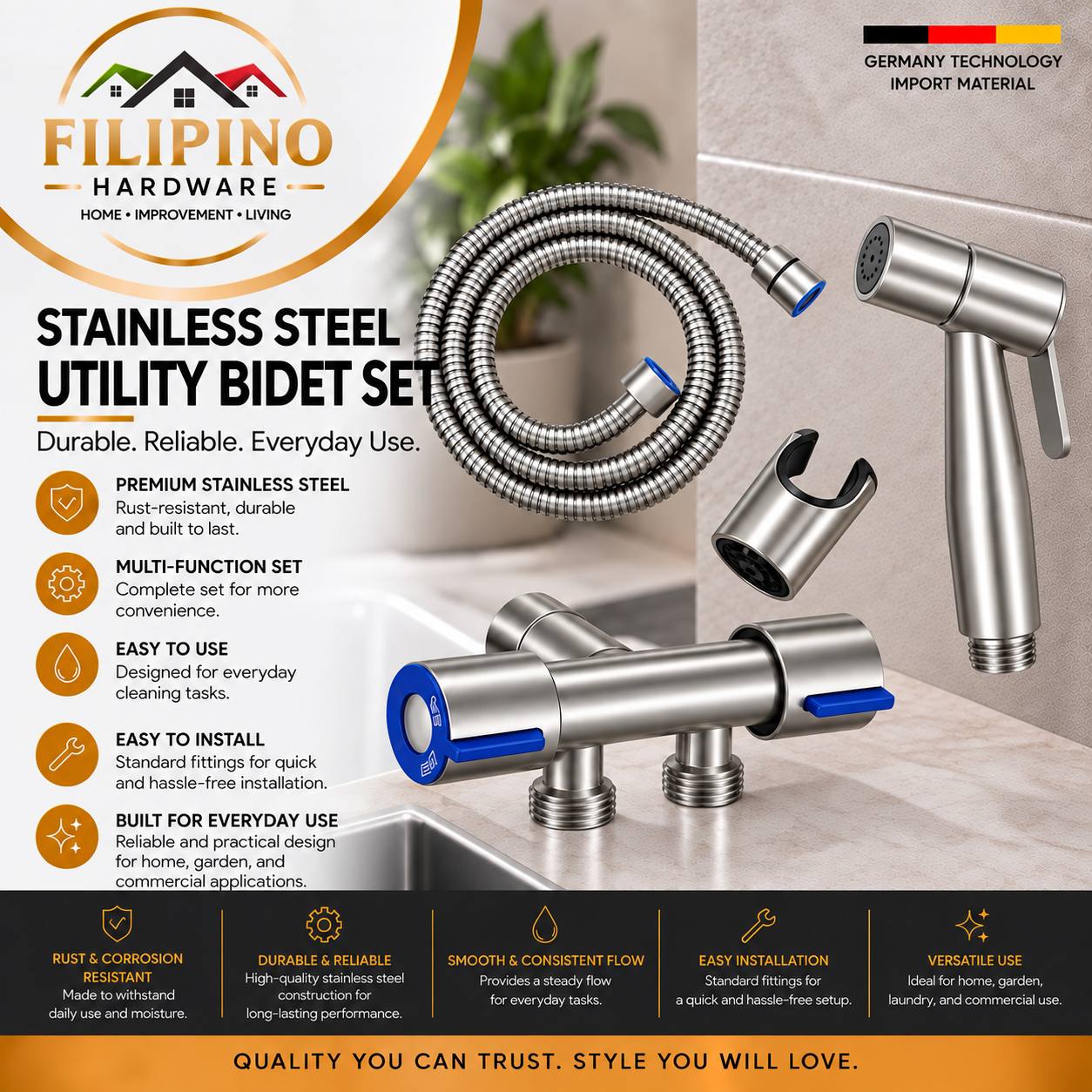 408 | Stainless Steel Bidet Set with Handheld Bidet Head Flexible Hose Mixer Valve