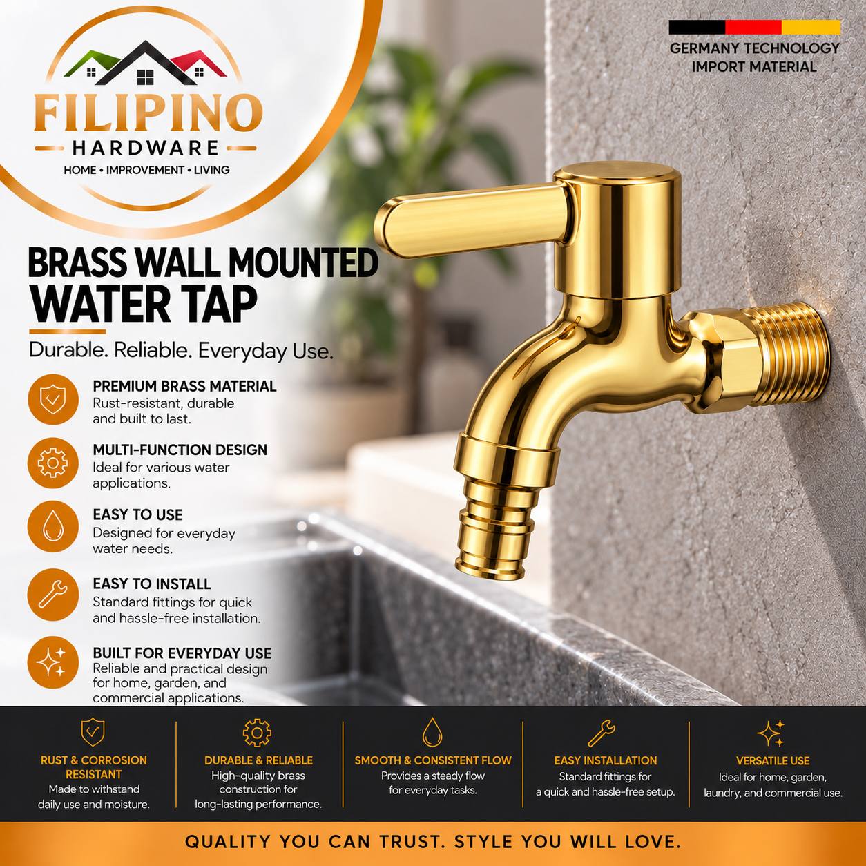 KT104 | Gold Stainless Wall Mounted Water Tap Faucet Single Lever Bib Cock Sink Garden Utility Faucet