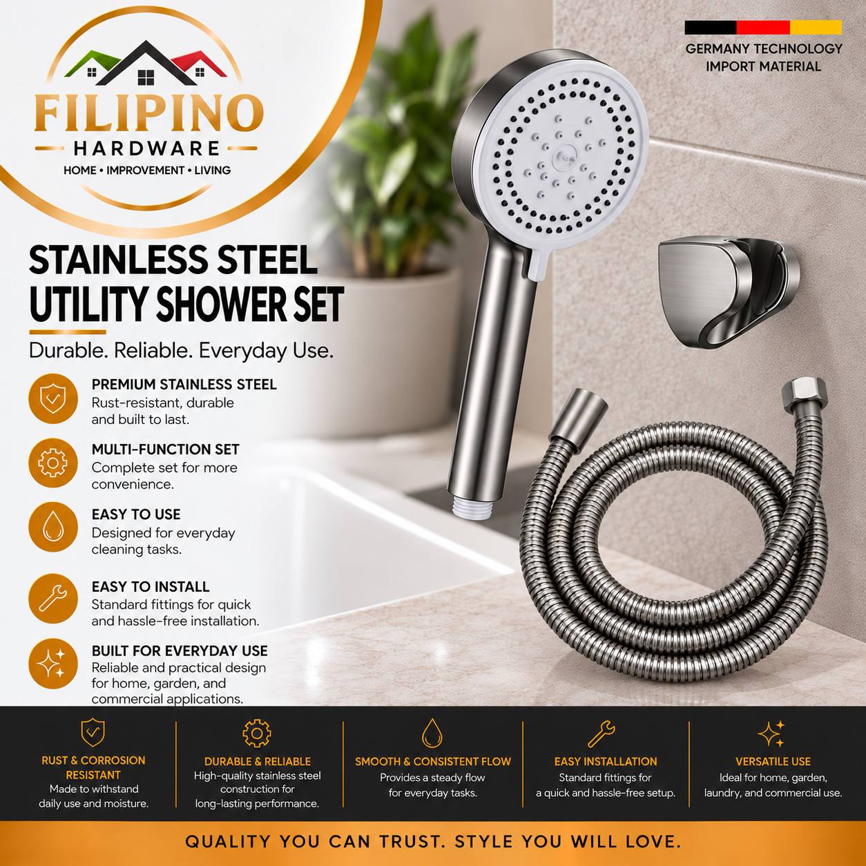 401-3 | Stainless Steel Handheld Shower Set Bathroom Shower Head with Flexible Hose Wall Mount Holder