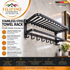YC619 | Black Stainless Steel Towel Rack Wall Mounted Bathroom Shelf with Hooks Clothes Organizer