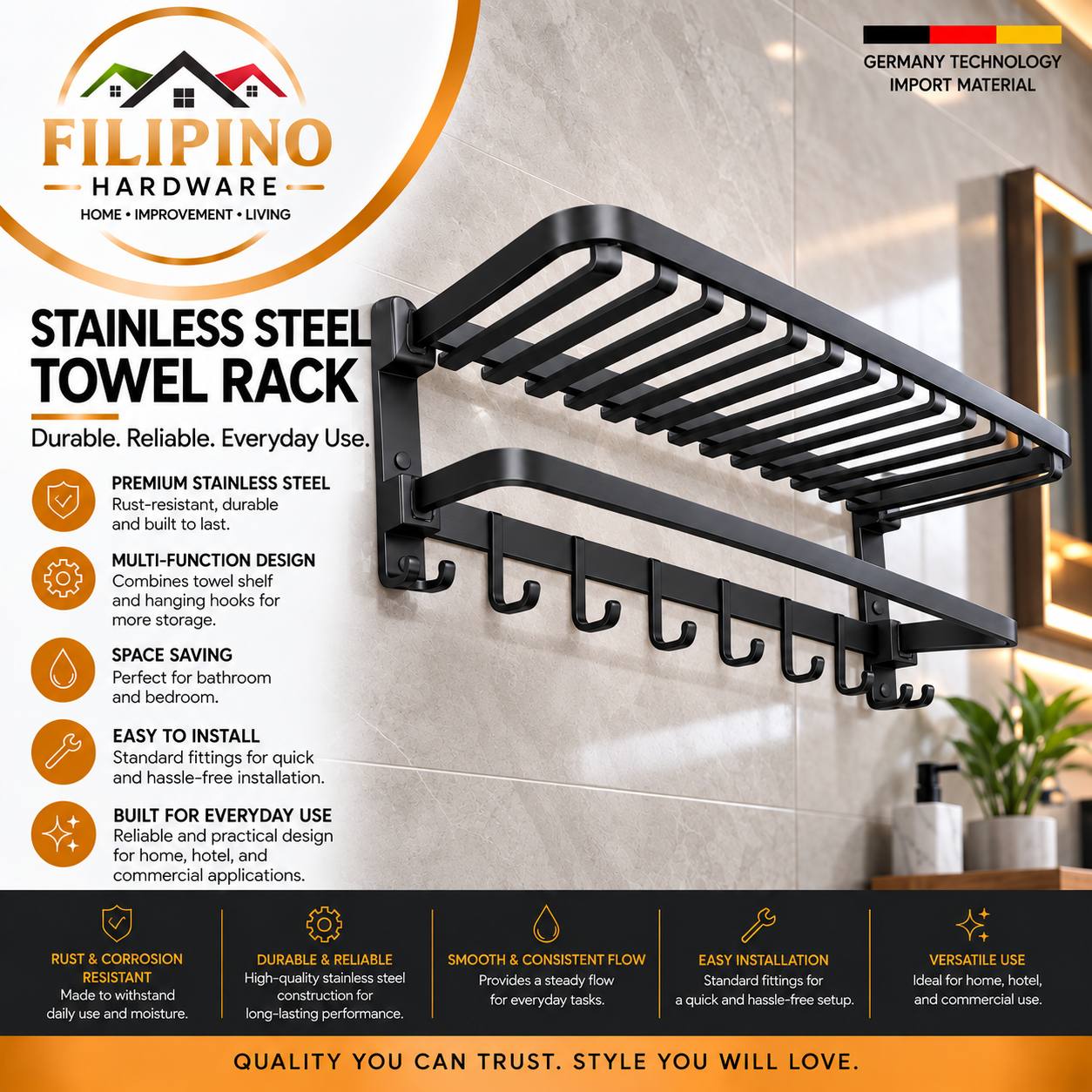 YC619 | Black Stainless Steel Towel Rack Wall Mounted Bathroom Shelf with Hooks Clothes Organizer