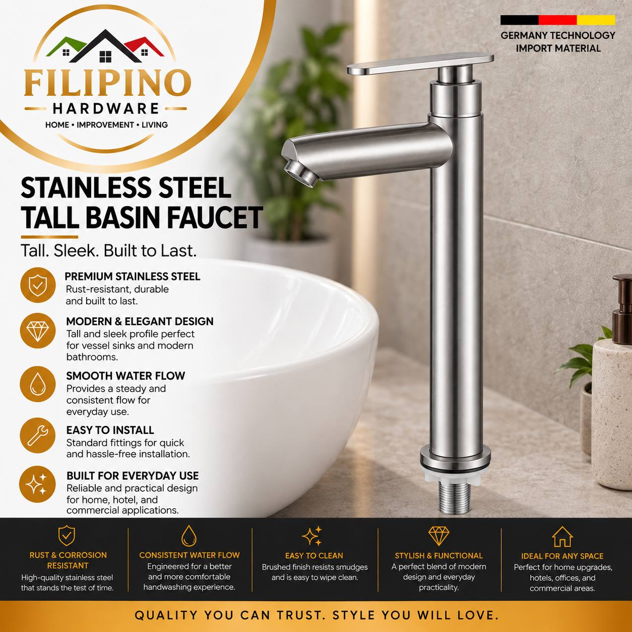 YC204 | 304 Stainless Steel Tall Basin Faucet Tap Bathroom Lavatory Sink Long Spout