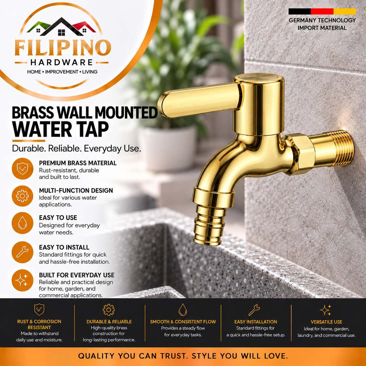 KT106 | Gold Stainless Wall Mounted Water Tap Faucet Single Lever Bib Cock Sink Garden Utility