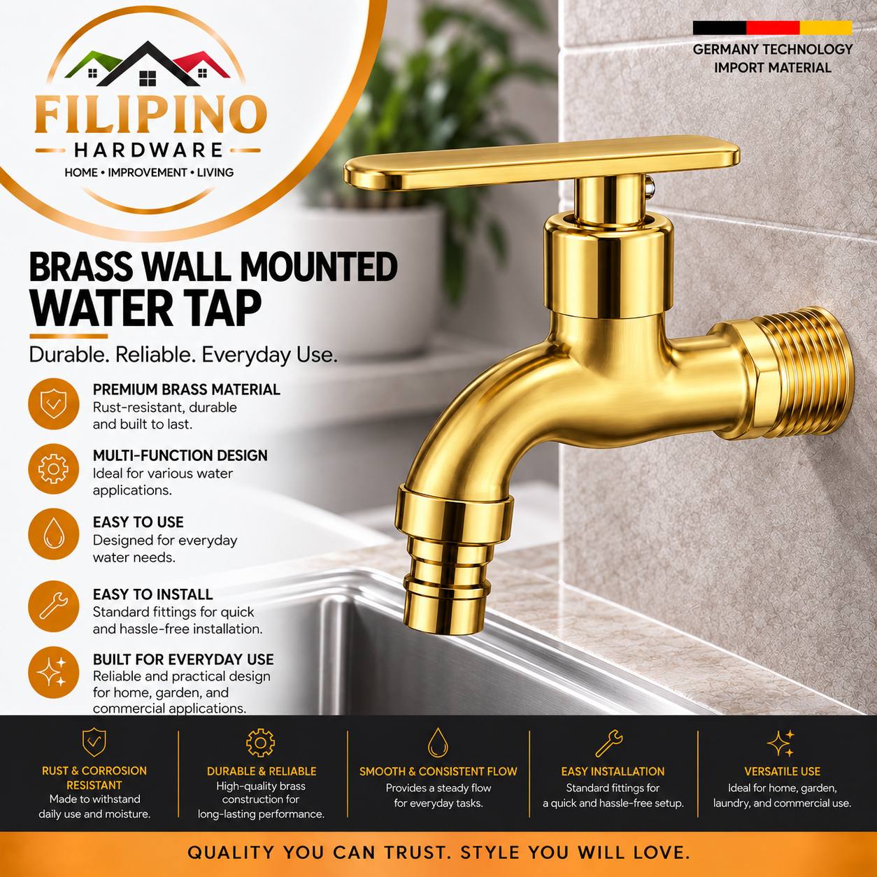 KT105 | Gold Stainless Wall Mounted Water Tap Faucet Single Lever Bib Cock Sink Garden