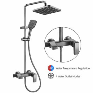 YC20374 | Modern Thermostatic Shower Set Rain Head Handheld Shower 4 Way Water Outlet Mixer Black Bathroom Fixture