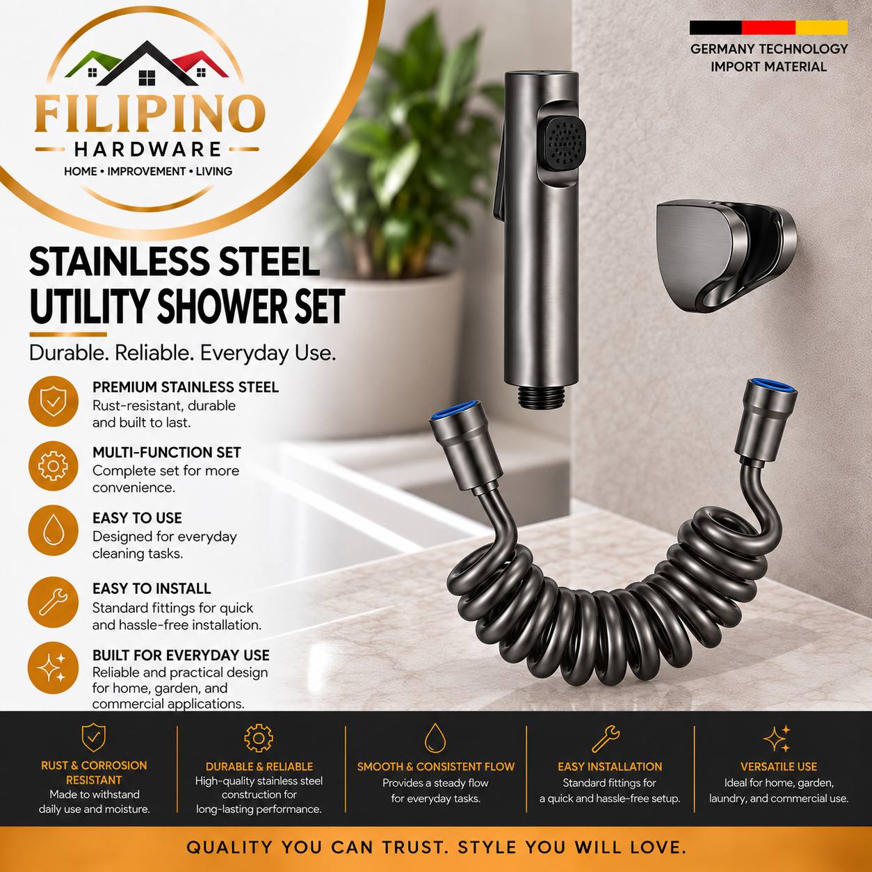 406-2 | Stainless Steel Handheld Bidet Shower Set with Flexible Coiled Hose Wall Mount Holder Bathroom