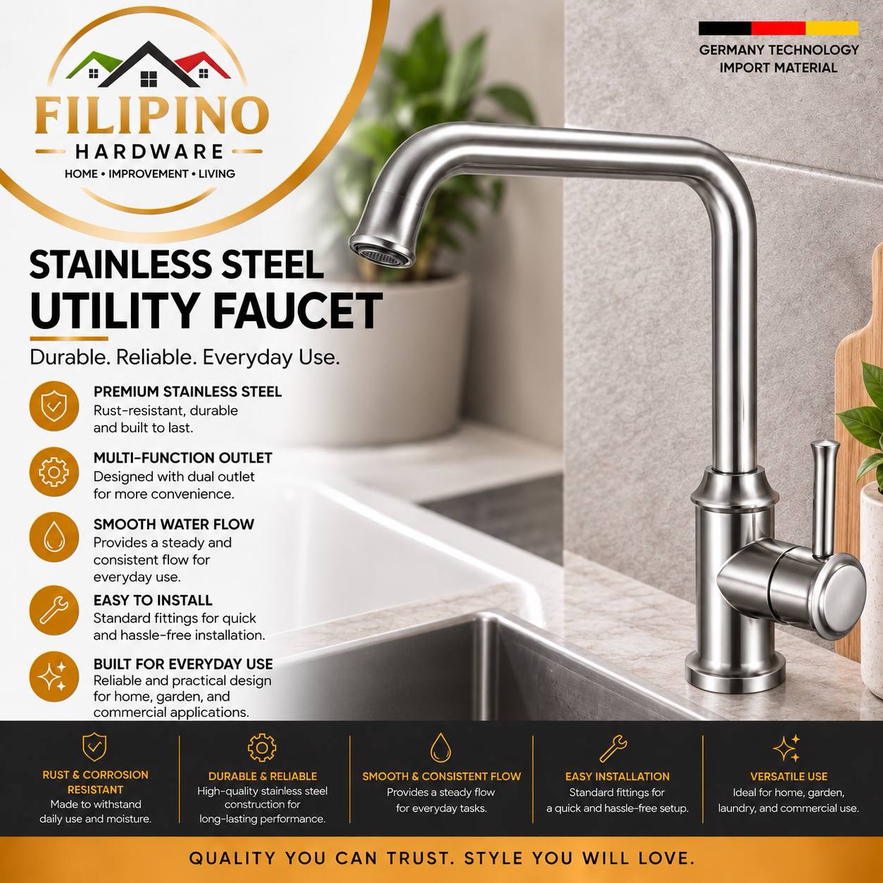 251707LS | Stainless Steel Kitchen Faucet Hot & Cold Water Single Lever High Arc Sink Mixer Tap Modern